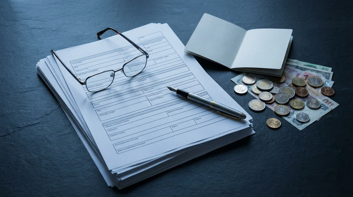 A flat lay of a passport, foreign currency, and paperwork representing expat challenges.