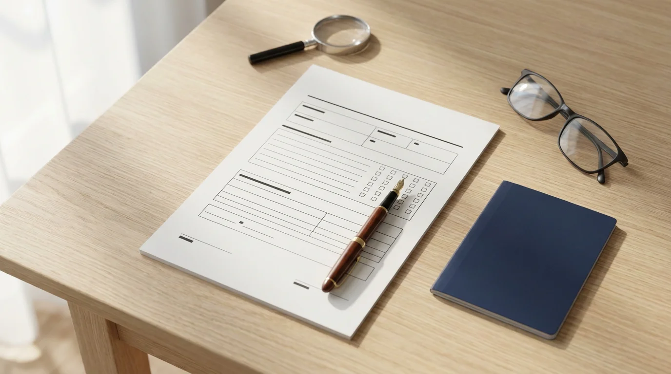 A flat lay of a passport, glasses, and application form for international residency planning.