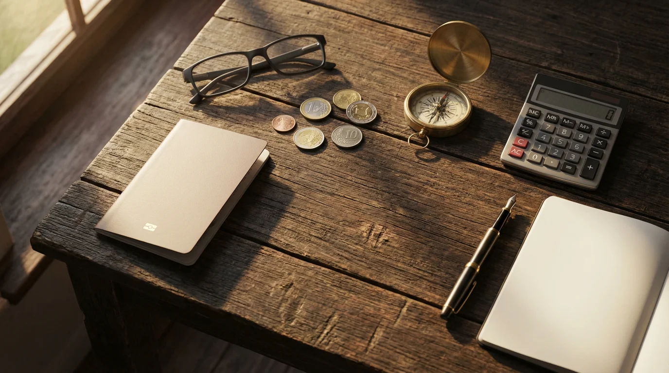 A flat lay of a passport, map, compass, and calculator for retirement planning.