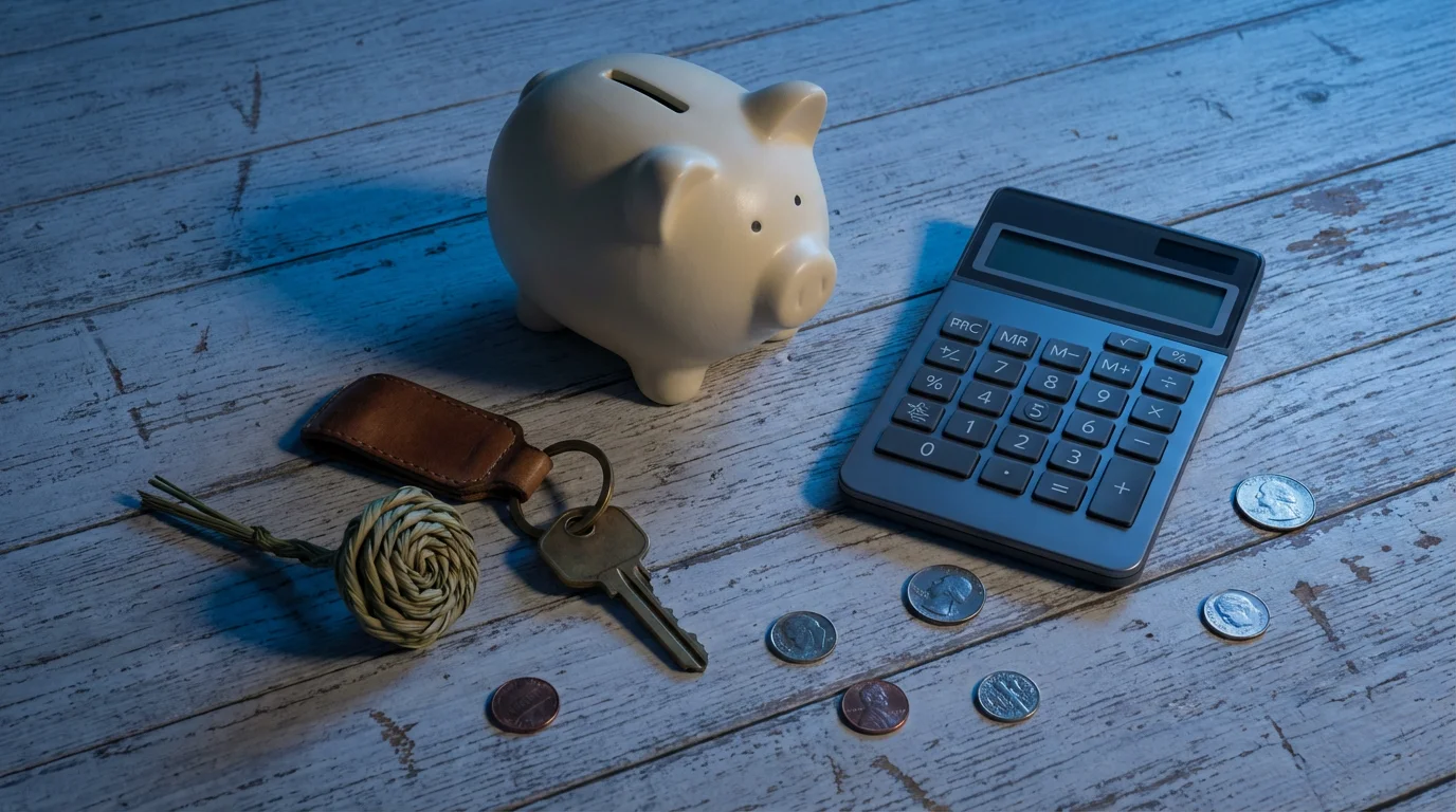 A flat lay of a piggy bank, calculator, and house key representing retirement finances.