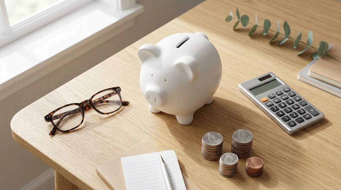 A flat lay of a piggy bank, glasses, calculator, and coins for financial planning.