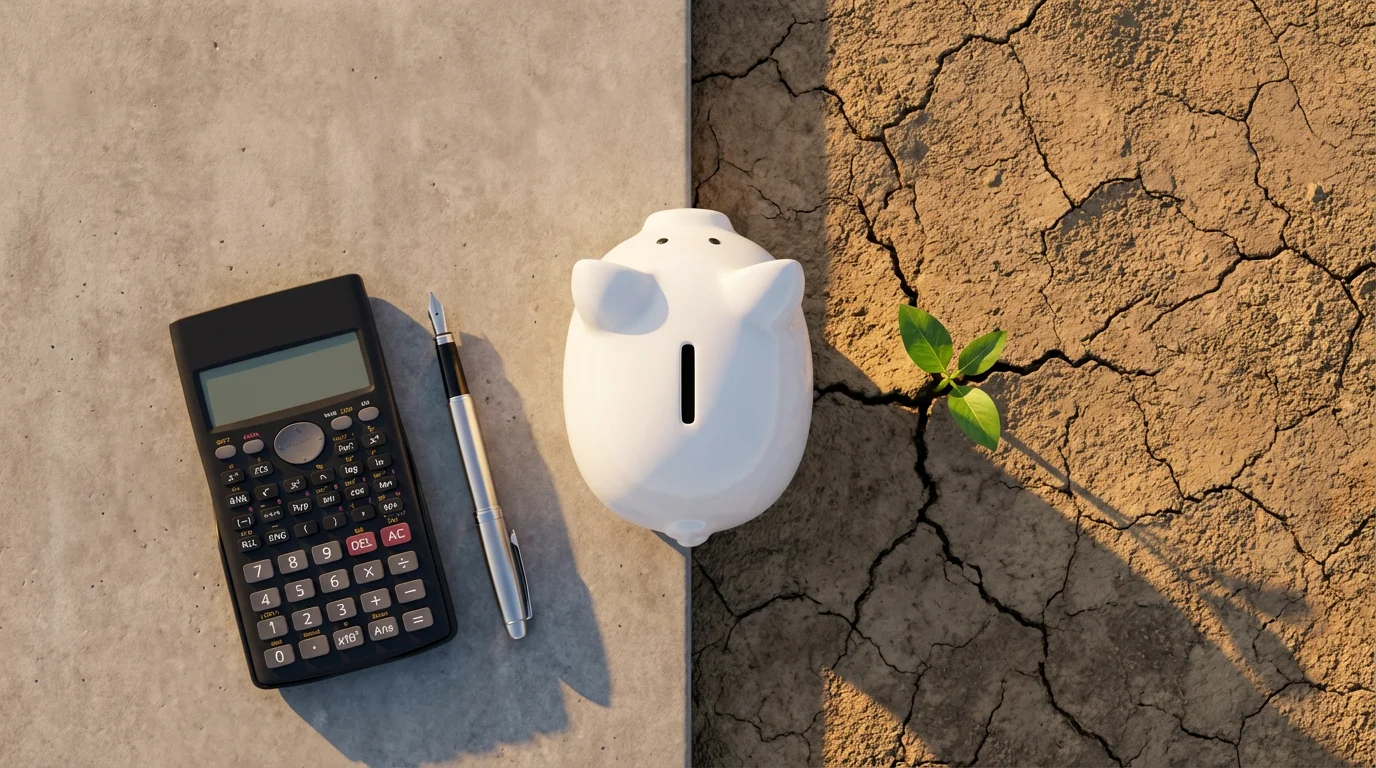 A flat lay of a piggy bank on cracked earth, symbolizing financial planning for climate risk.