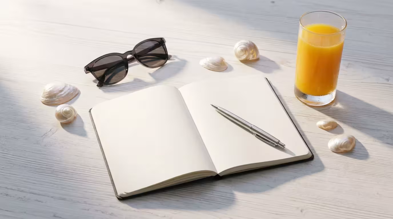 A flat lay of a planner, sunglasses, and orange juice symbolizing retirement in Florida.