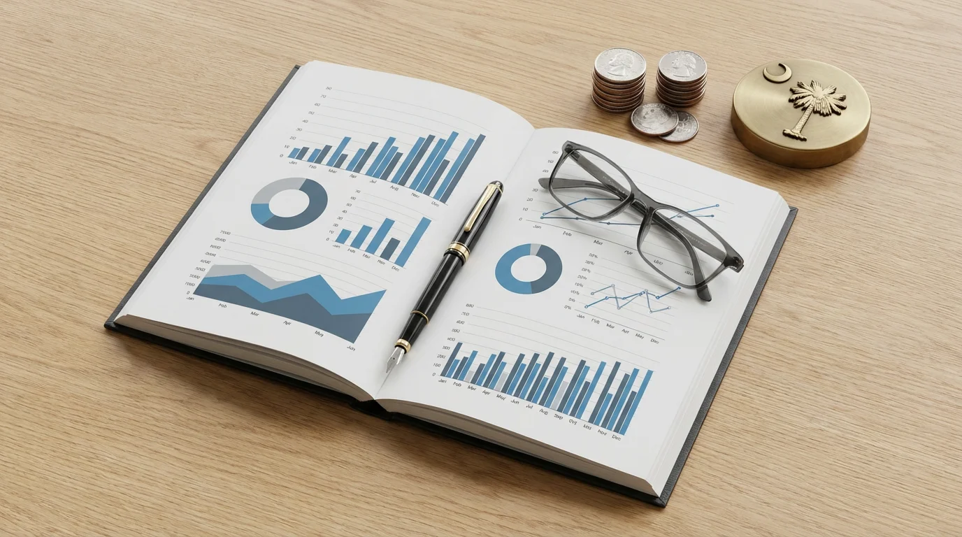 A flat lay of a retirement planning notebook, glasses, and a South Carolina paperweight.