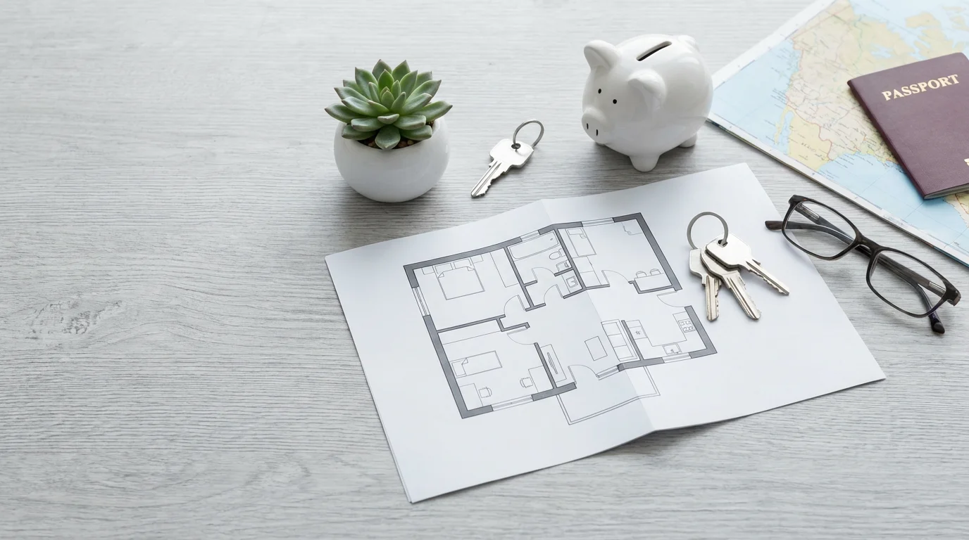 A flat lay of a small floor plan, house keys, piggy bank, and passport.