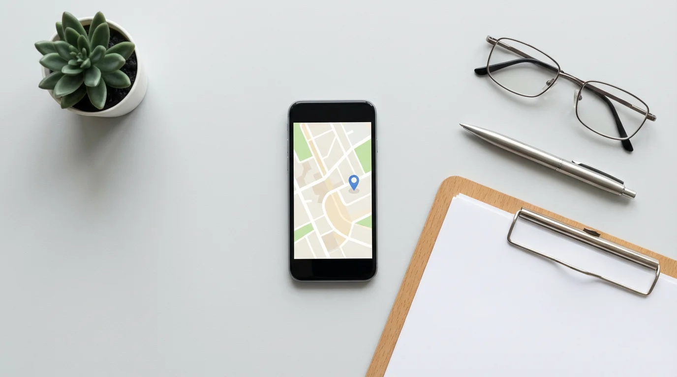 A flat lay of a smartphone showing a map, eyeglasses, and a clipboard.