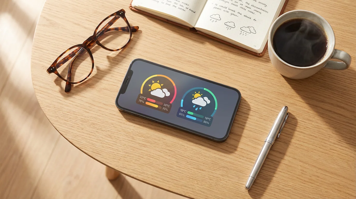 A flat lay of a smartphone showing weather data, a journal, glasses, and coffee.