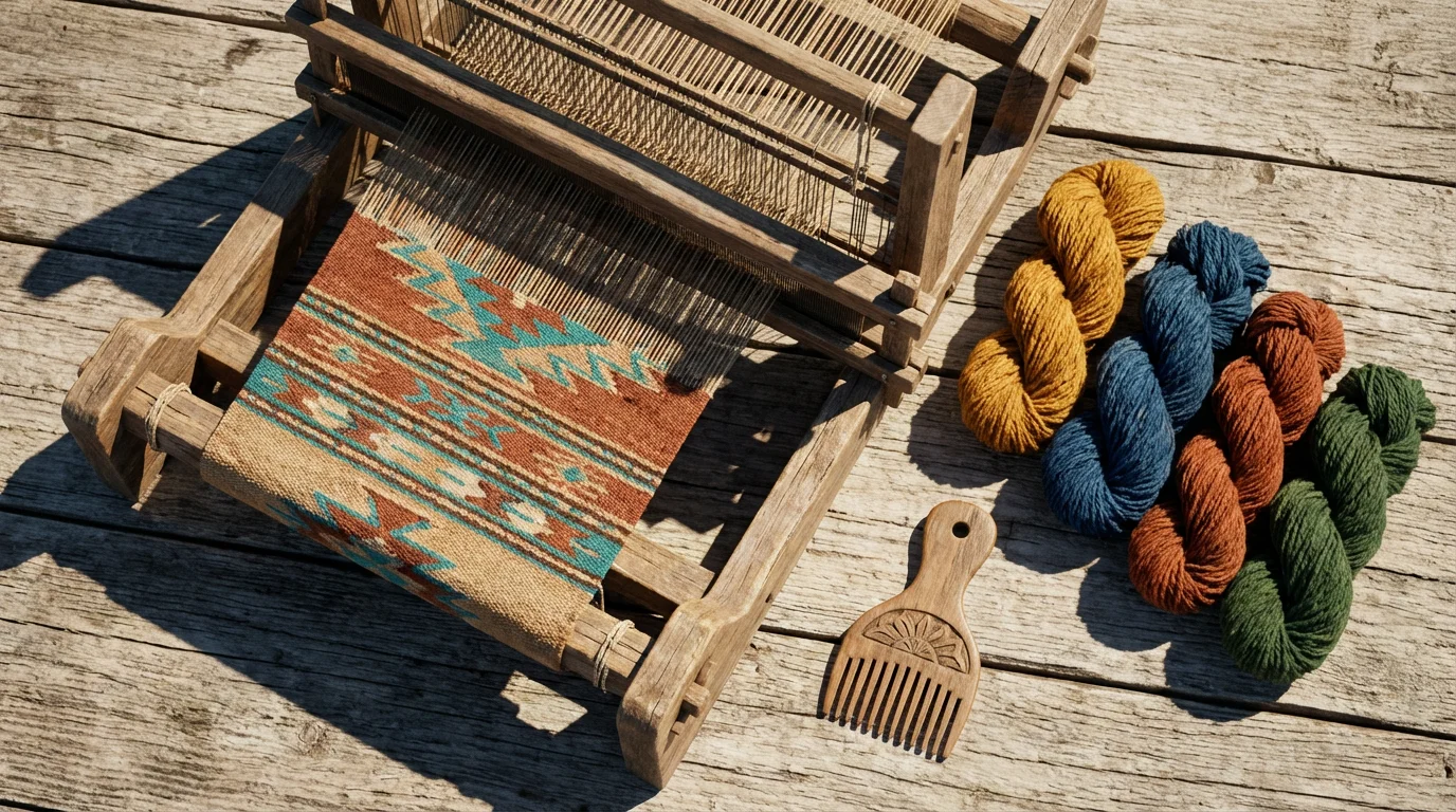 A flat lay of a Southwestern weaving loom with colorful yarn and tools.