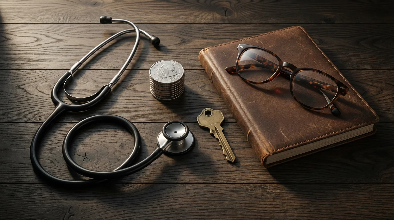 A flat lay of a stethoscope, coins, and key symbolizing retirement healthcare and financial decisions.