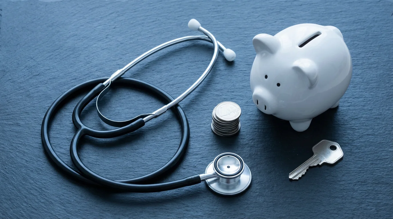 A flat lay of a stethoscope, piggy bank, coins, and a key representing healthcare costs.