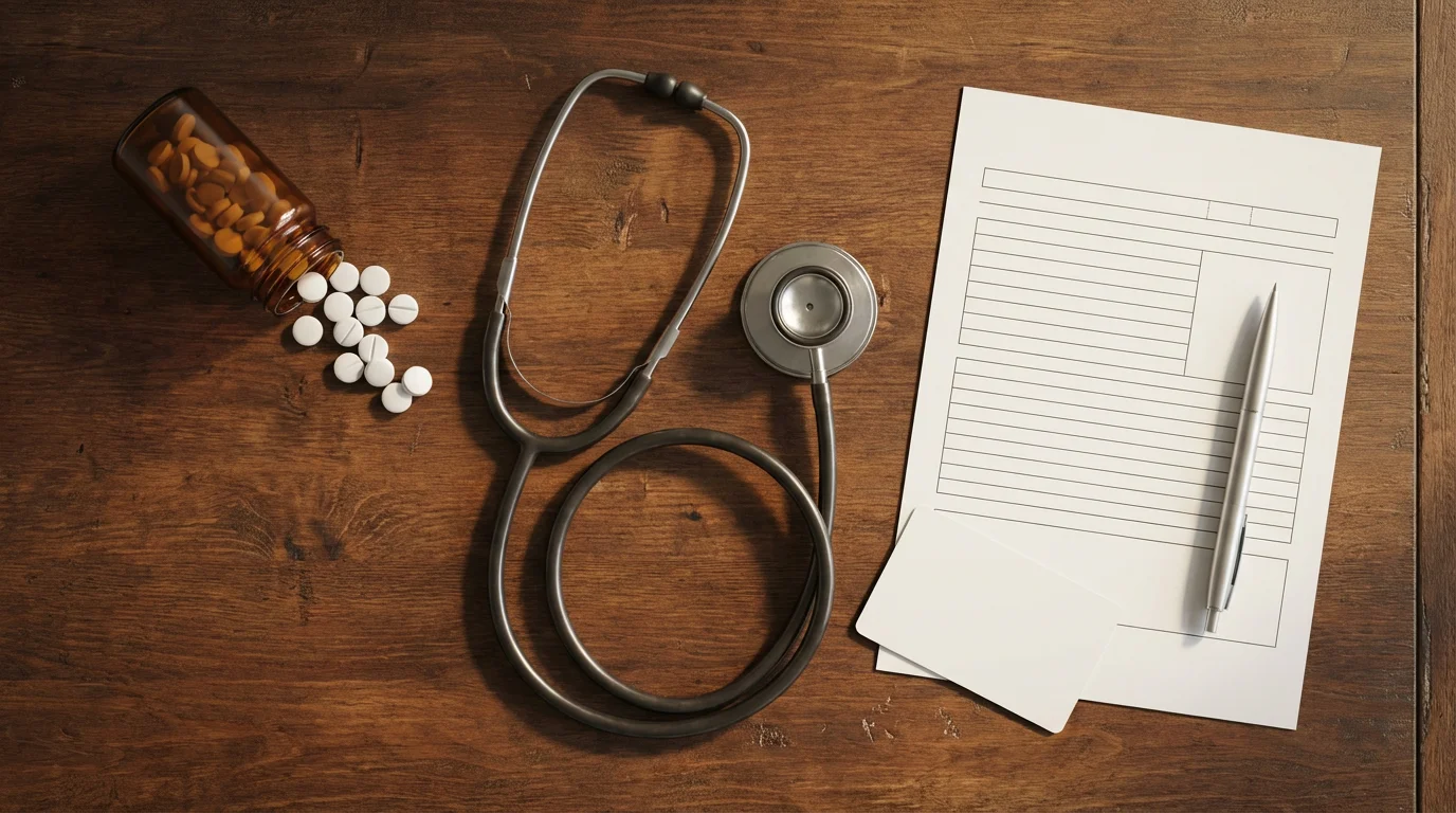 A flat lay of a stethoscope, pills, and a blank medical form, representing healthcare abroad.