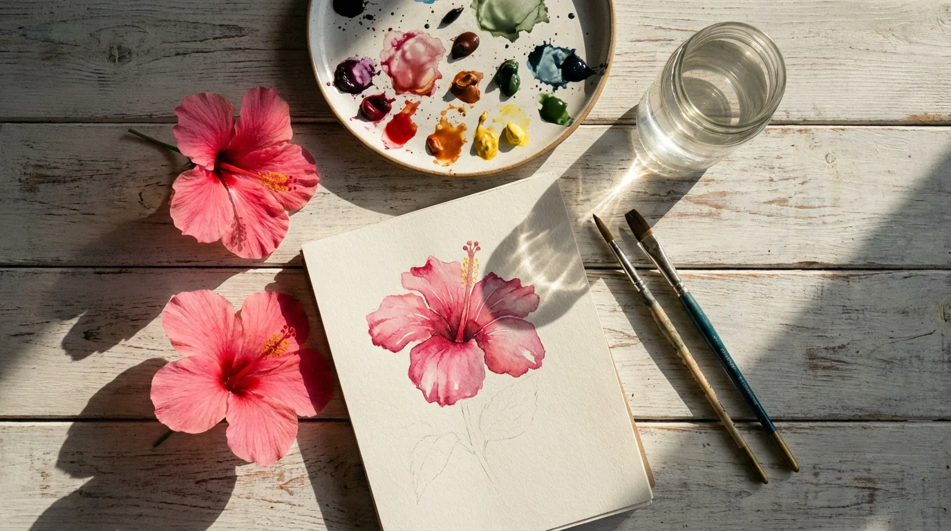 A flat lay of a watercolor painting project with a hibiscus flower, brushes, and palette.