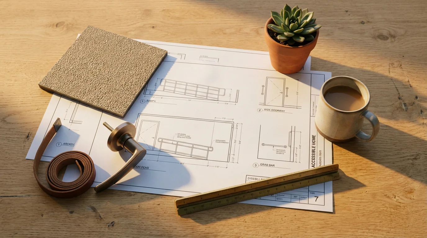 A flat lay of architectural blueprints and material samples for a universal design home.