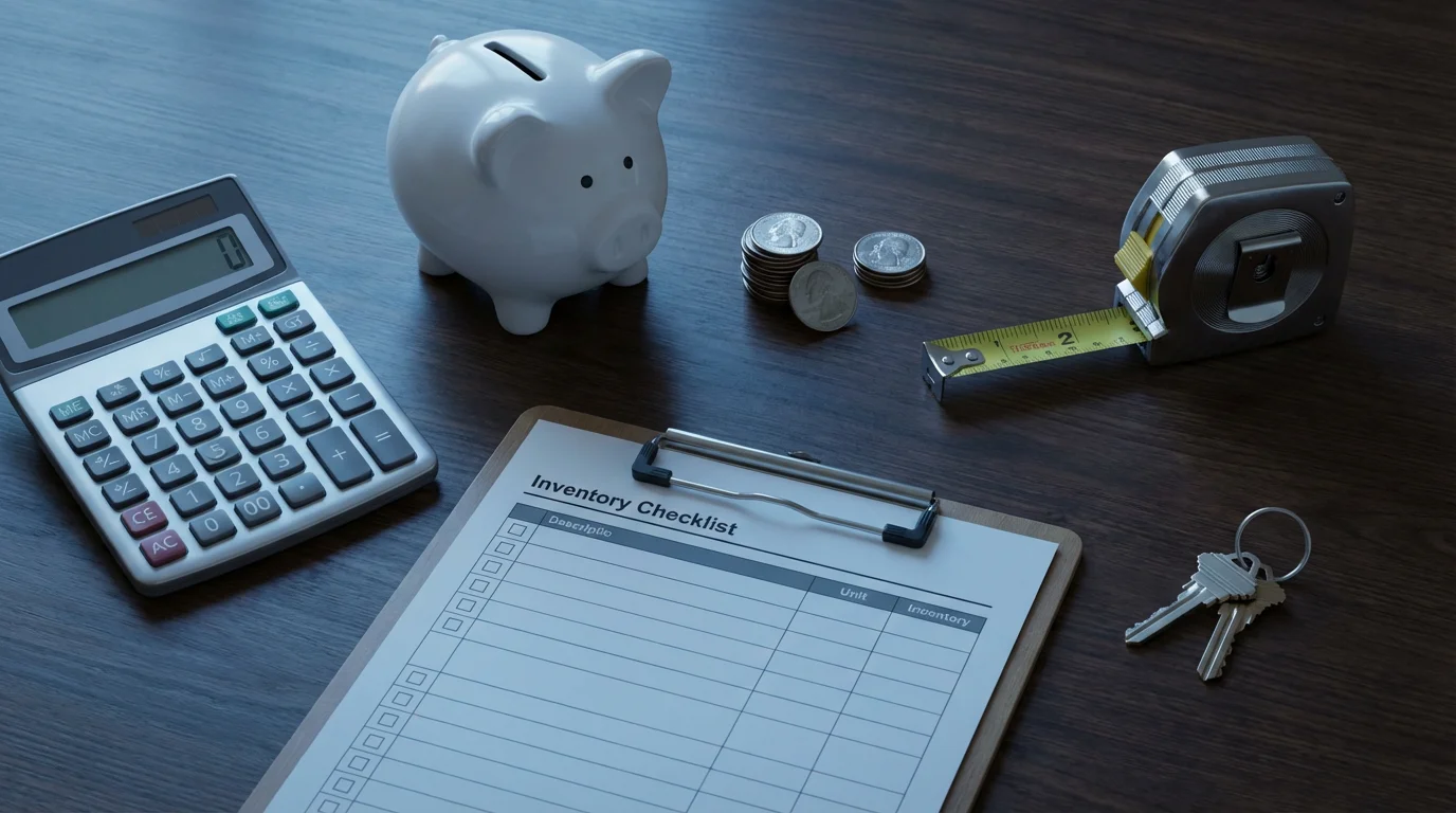 A flat lay of budgeting items for a move, including a calculator and piggy bank.