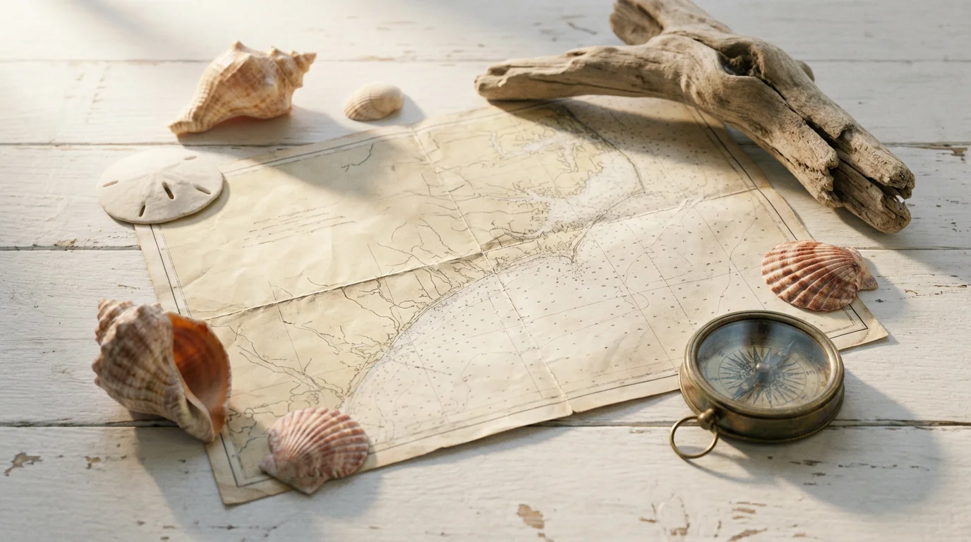 A flat lay of coastal retirement items including a map, seashells, and a compass.