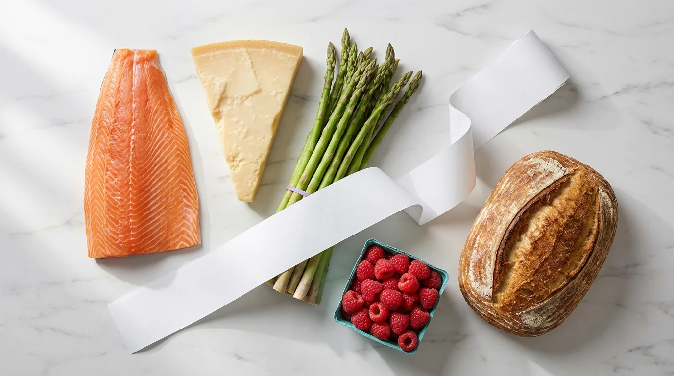 A flat lay of expensive groceries like salmon, artisan bread, and fresh berries.