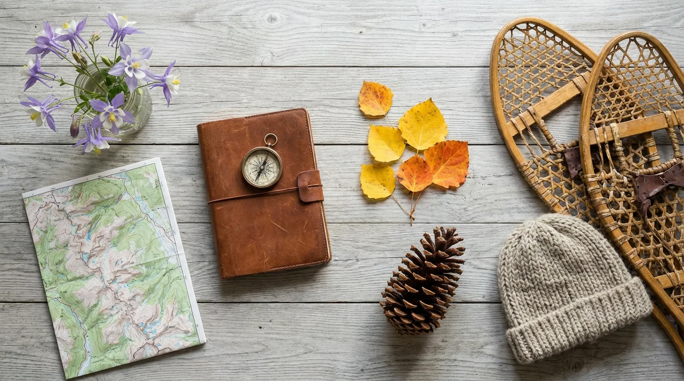 A flat lay of items representing the four seasons in the mountains.