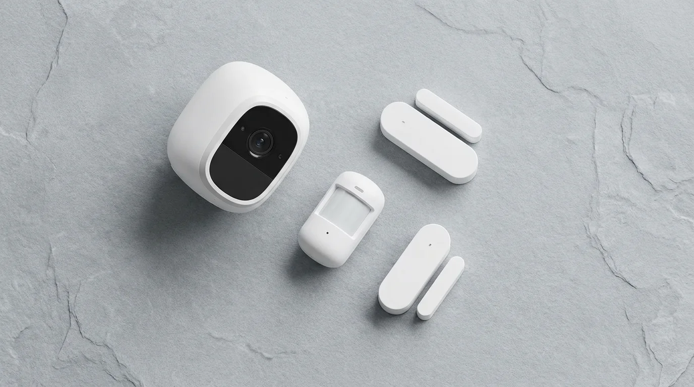 A flat lay of modern home security system components on a gray surface.