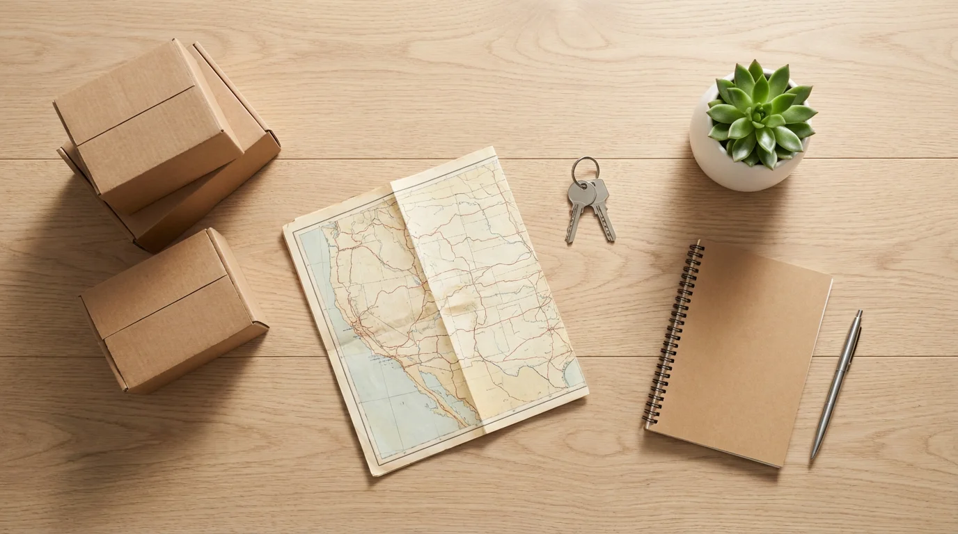 A flat lay of moving boxes, a map, keys, and a succulent for planning relocation.