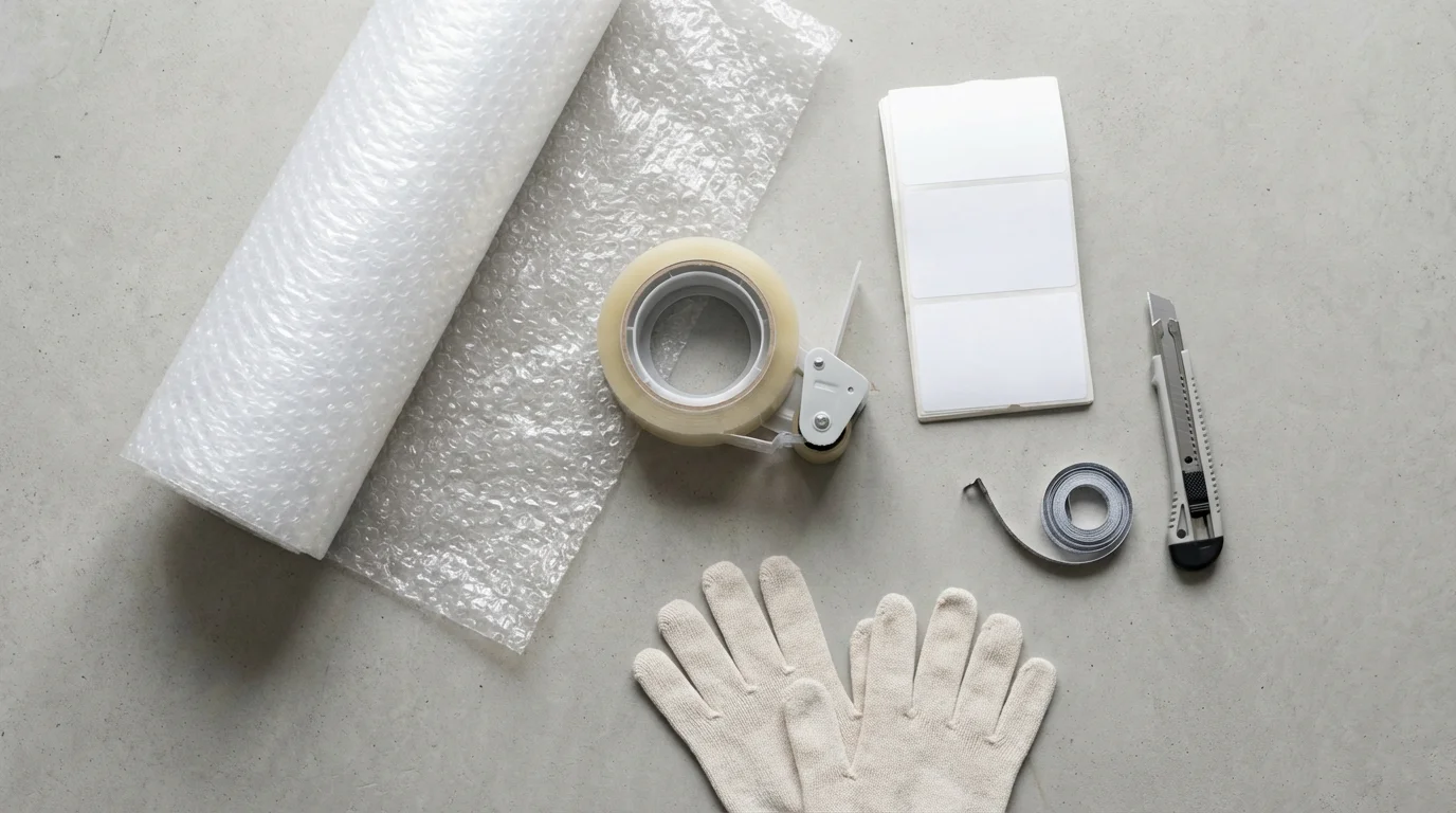 A flat lay of moving supplies including bubble wrap, packing tape, and blank labels.