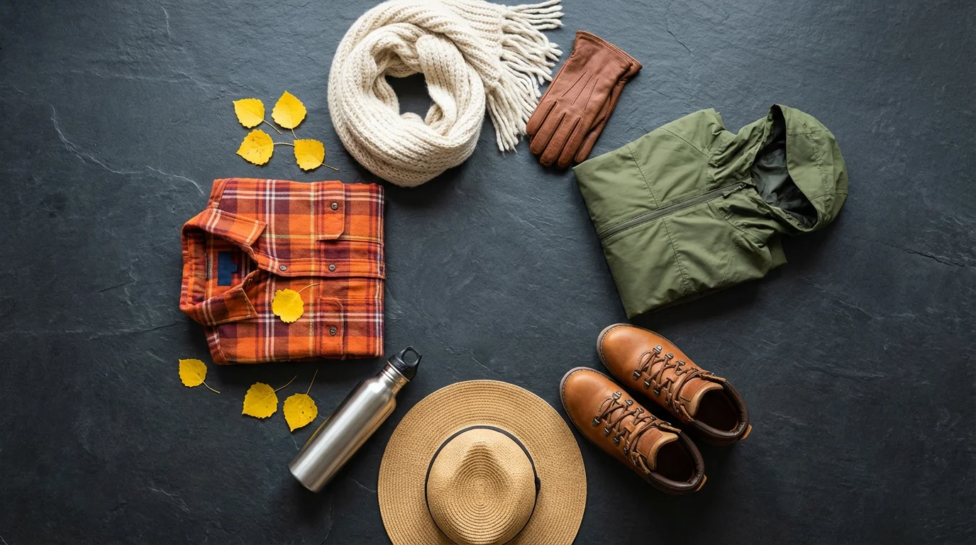 A flat lay of outdoor gear representing the four seasons on a slate background.