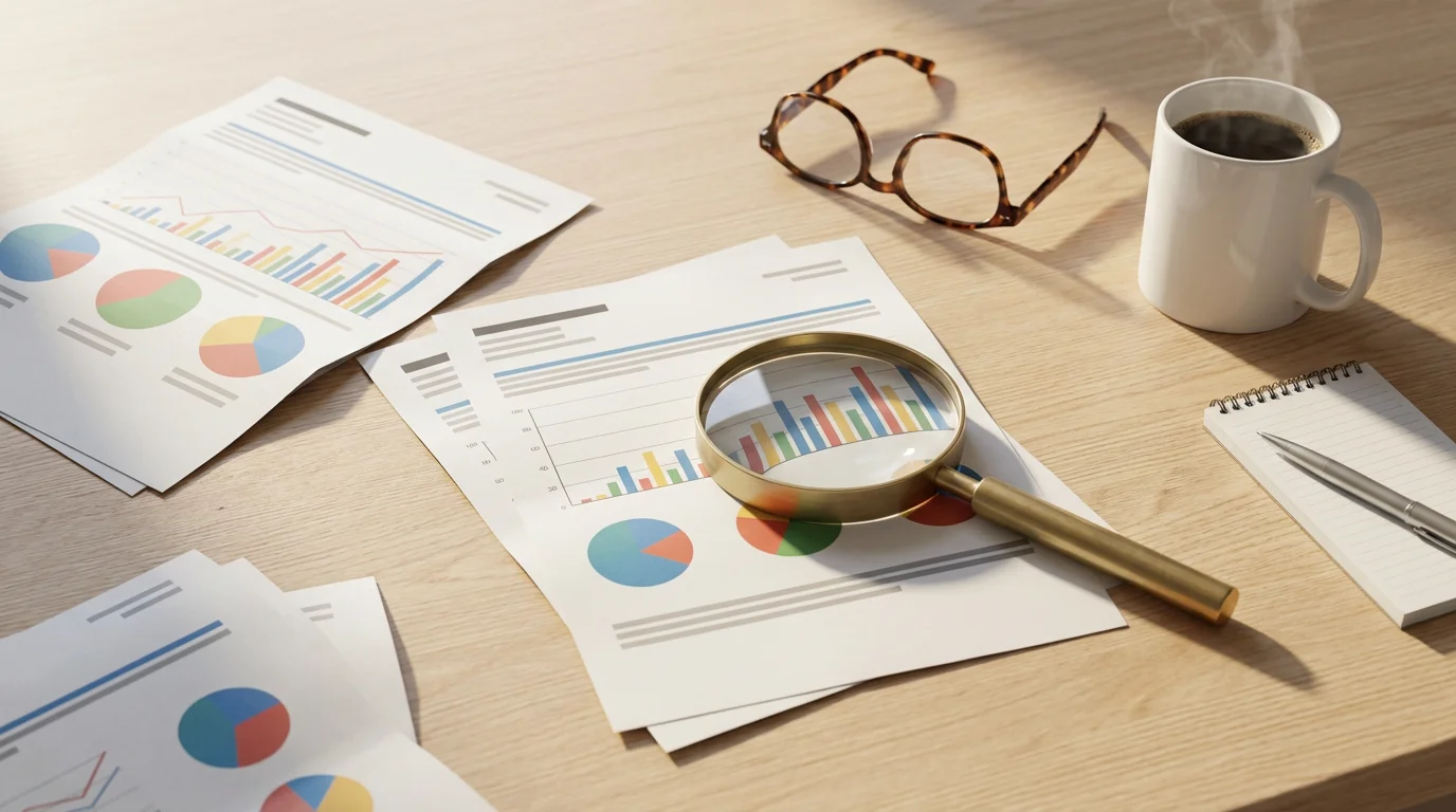 A flat lay of papers with charts, a magnifying glass, and coffee on a desk.