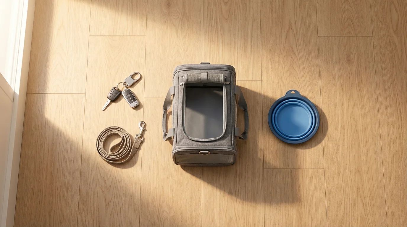 A flat lay of pet travel essentials including a pet carrier, car keys, and a leash.