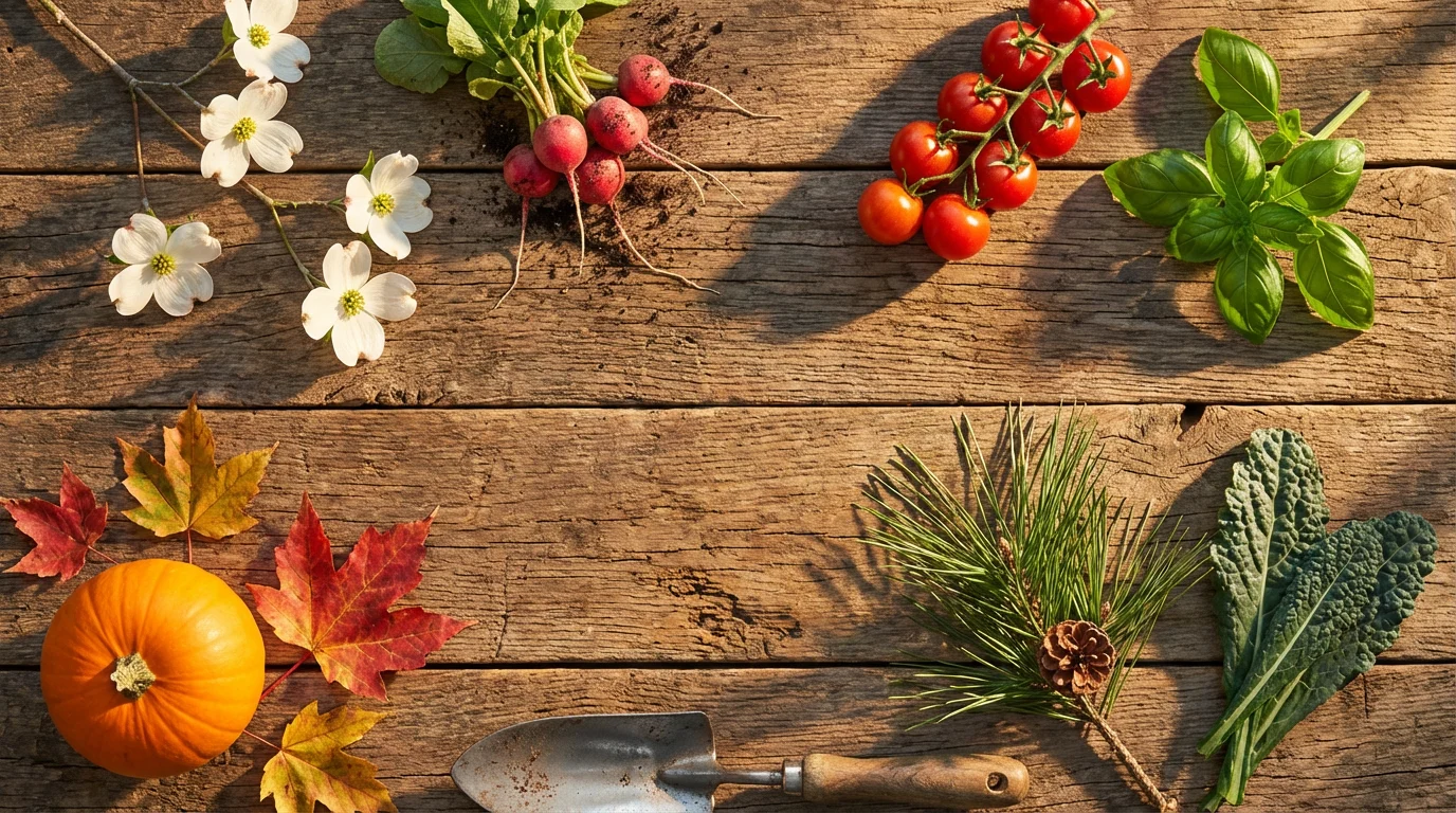 A flat lay of plants and vegetables representing the four gardening seasons in North Carolina.