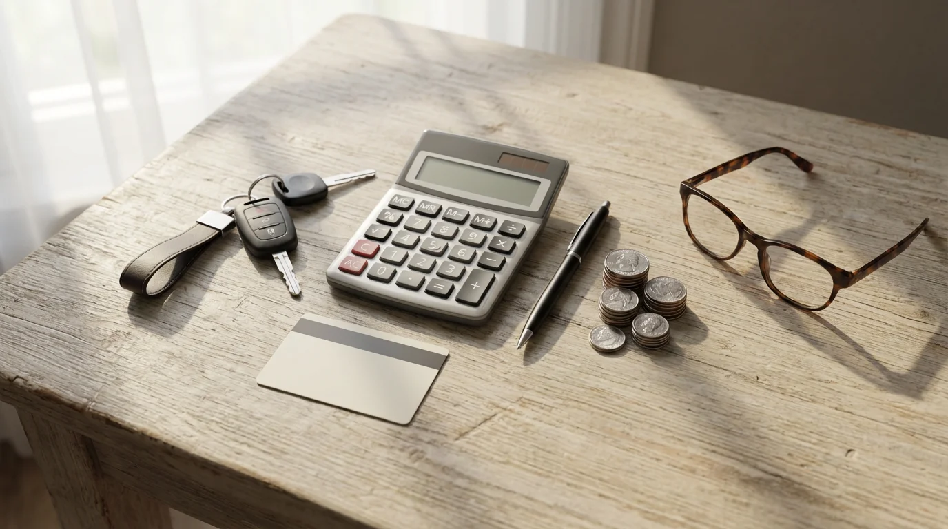 A flat lay of retirement transportation planning items including a calculator, coins, car keys, and transit pass.