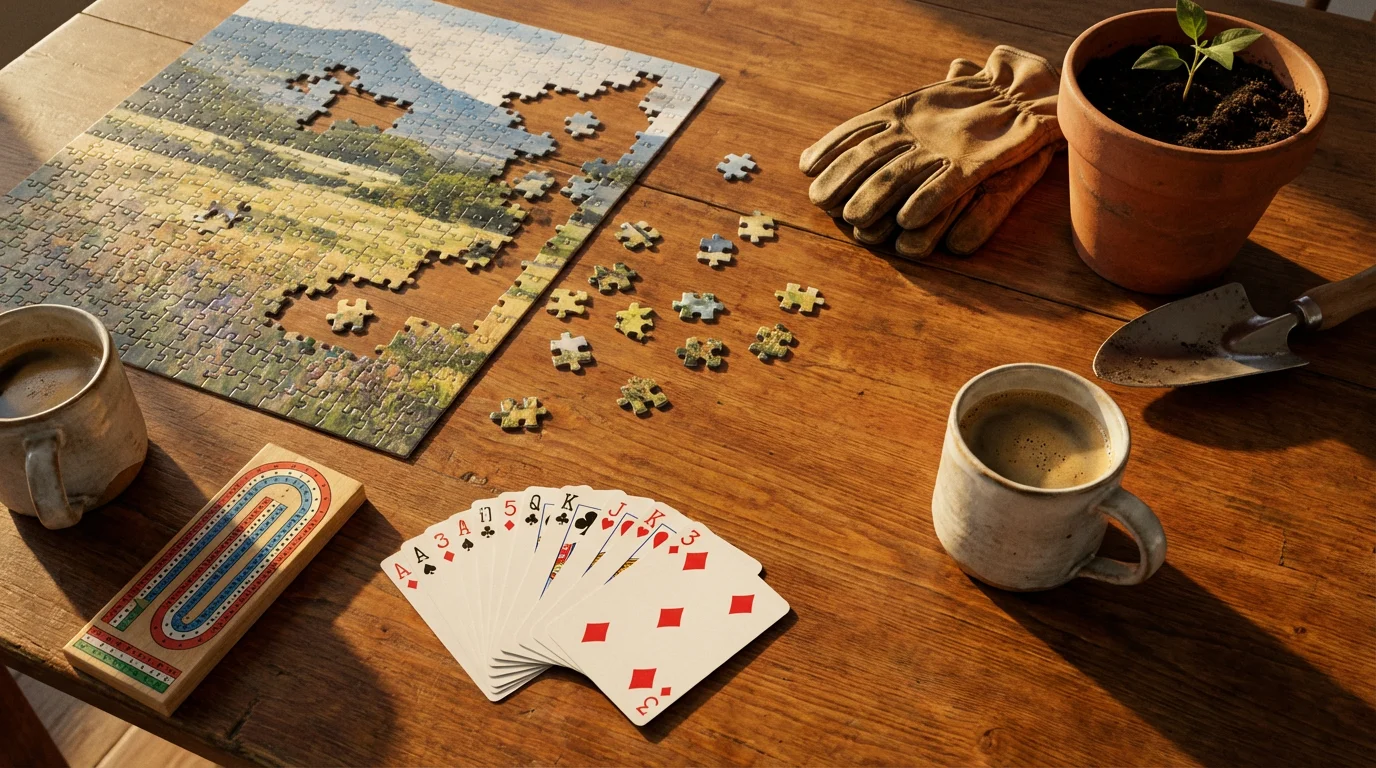 A flat lay of social hobby items like cards, a puzzle, and gardening tools.