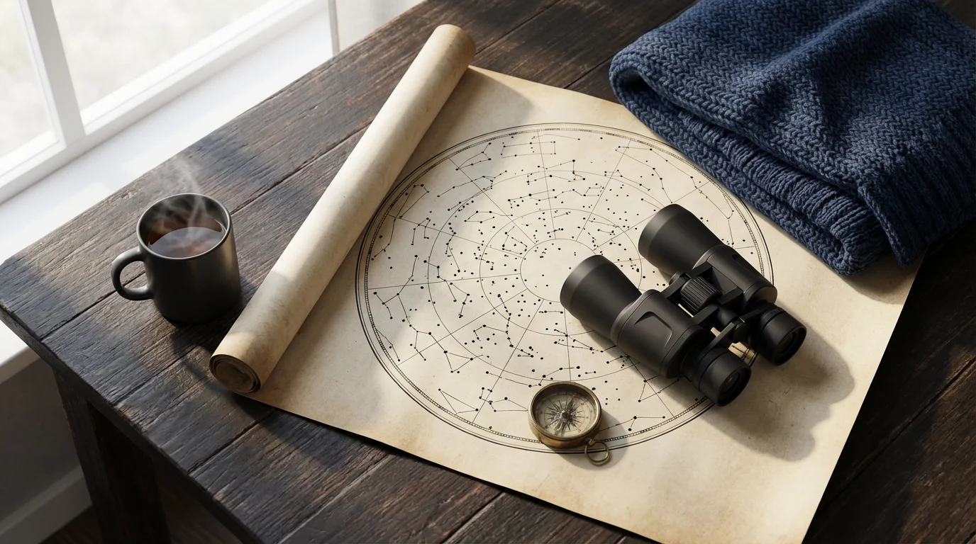 A flat lay of stargazing items including a star chart, binoculars, and a compass.