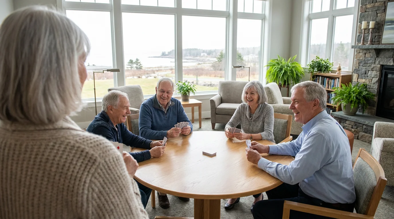 A group of active retirees playing cards in a bright Maine community clubhouse.