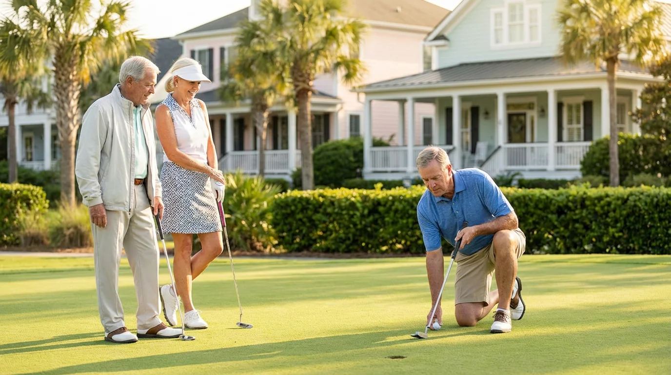 A group of active seniors play on a putting green in a South Carolina community.