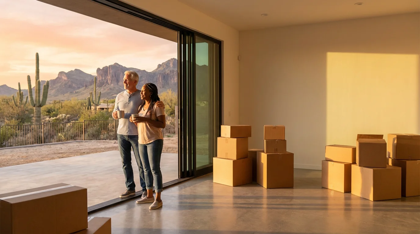 A happy mature couple with moving boxes in their new Arizona home at sunset.