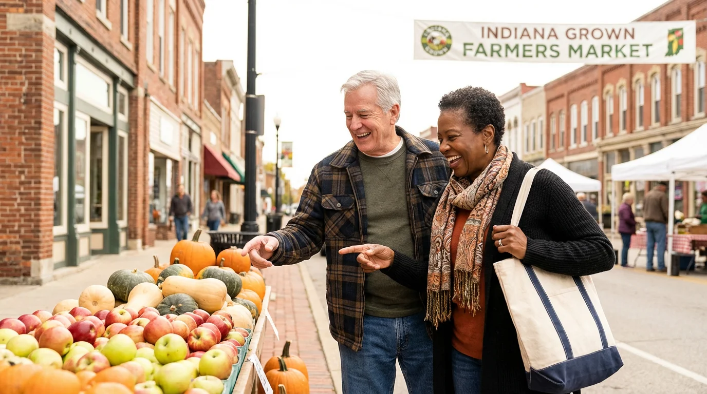 A happy retired couple shops for fresh produce at an outdoor Indiana farmers' market.