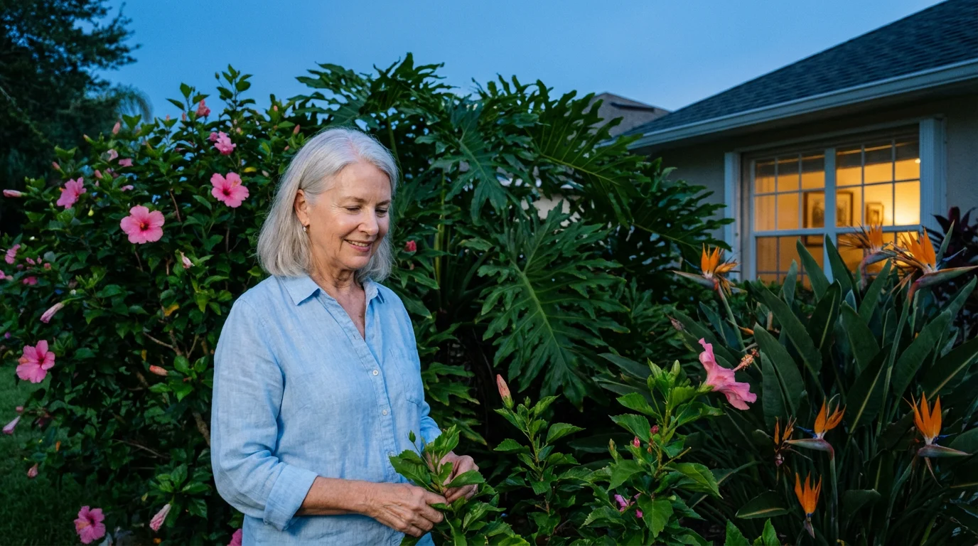 A happy retired woman standing in her lush, tropical Florida garden at twilight.
