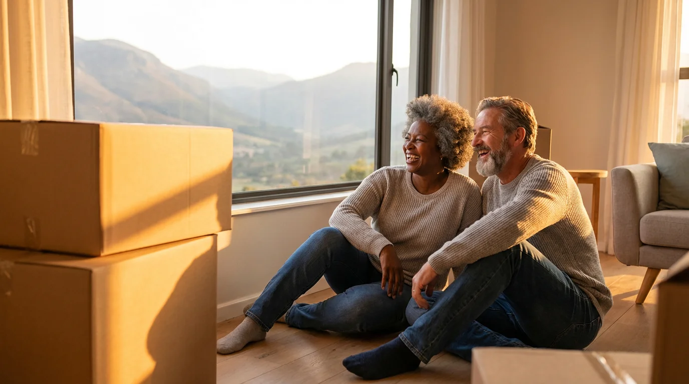A happy senior couple laughs in their new home with moving boxes at sunset.