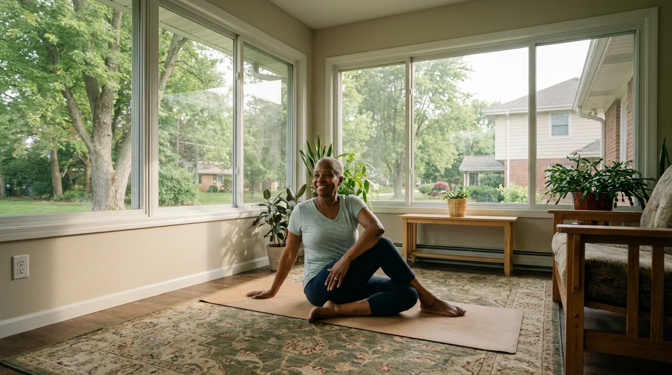 A healthy senior woman doing yoga in a sunlit room overlooking a green backyard.