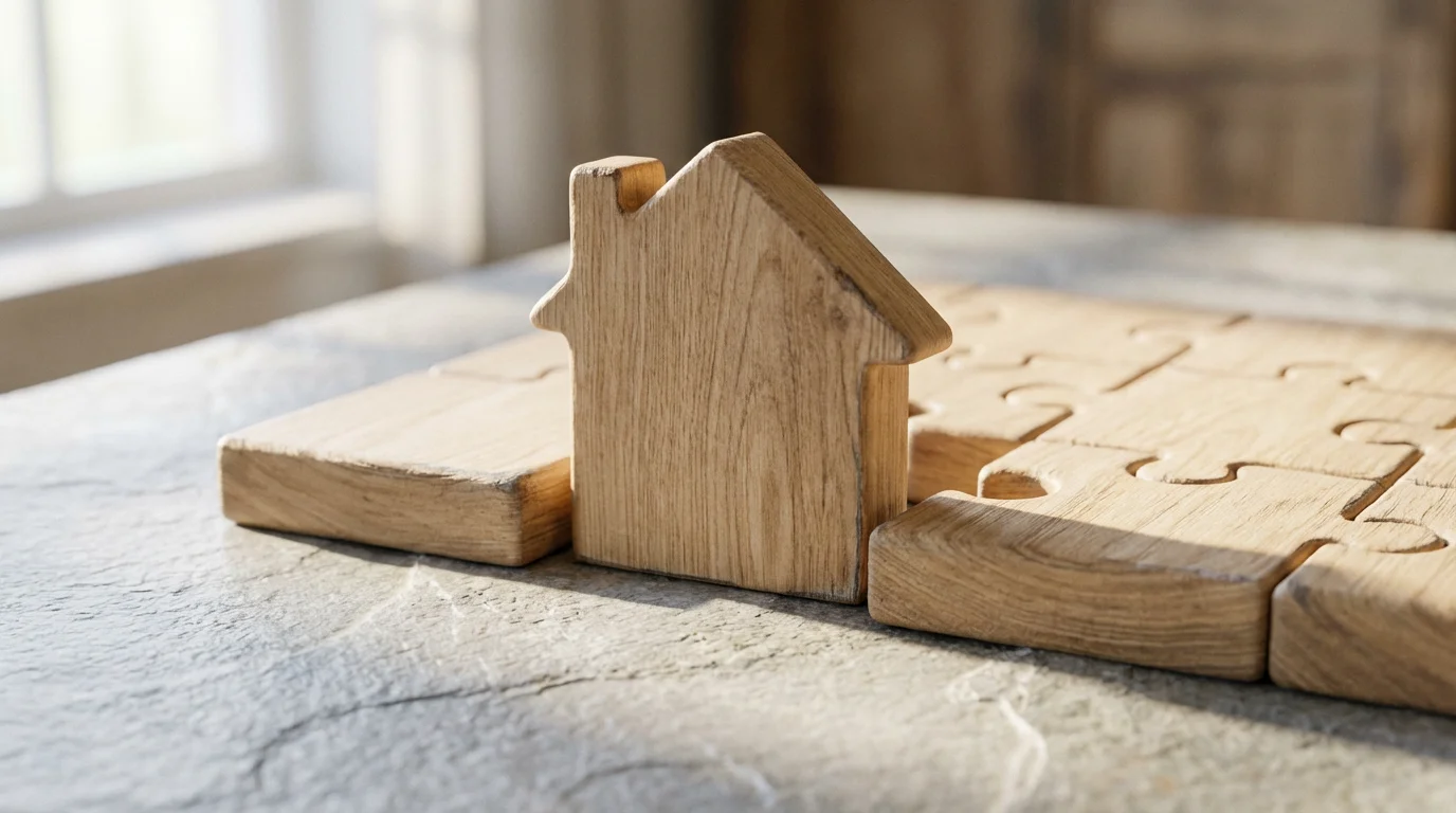 A house-shaped wooden puzzle piece fitting into a larger puzzle on a slate surface.