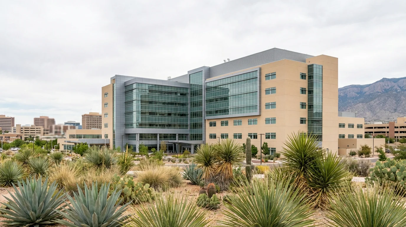 A large, modern hospital facility in New Mexico under a bright overcast sky.