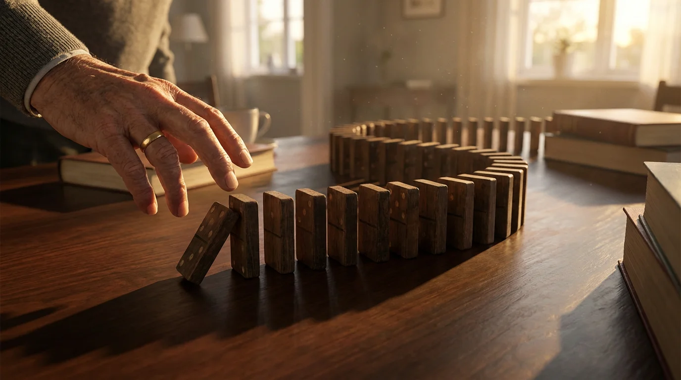 A low angle close-up of a hand ready to topple a long, winding row of dominoes.