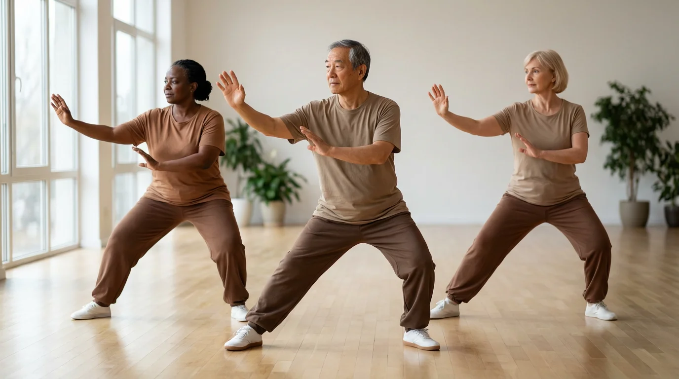 A low-angle photo of a diverse group of seniors practicing tai chi in a sunlit room.