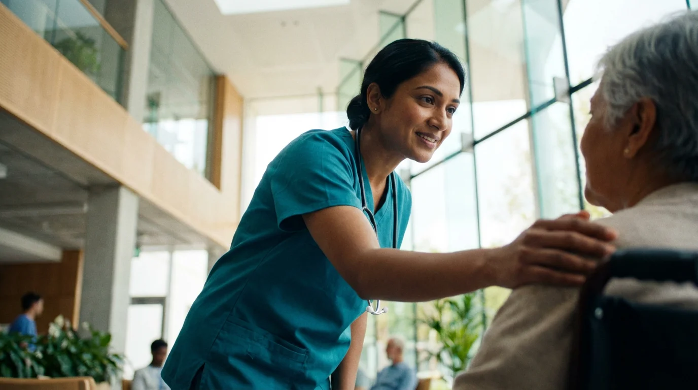 A low angle shot of a compassionate doctor reassuring an elderly patient in a modern hospital.