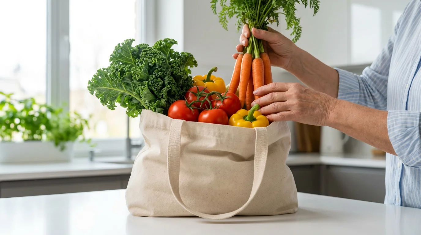 A low angle shot of a grocery bag overflowing with fresh vegetables on a kitchen counter in morning light.