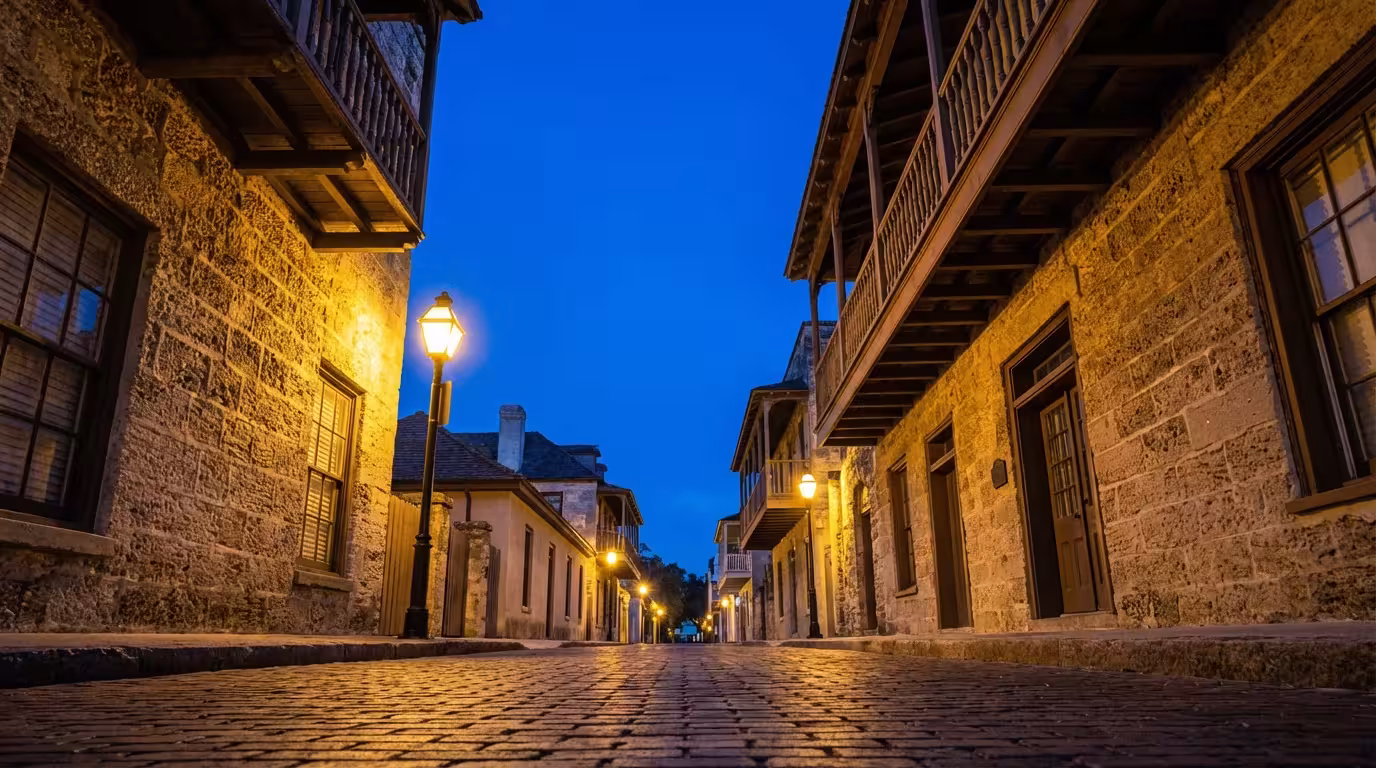 A low-angle view of a historic cobblestone street in St. Augustine at dusk.