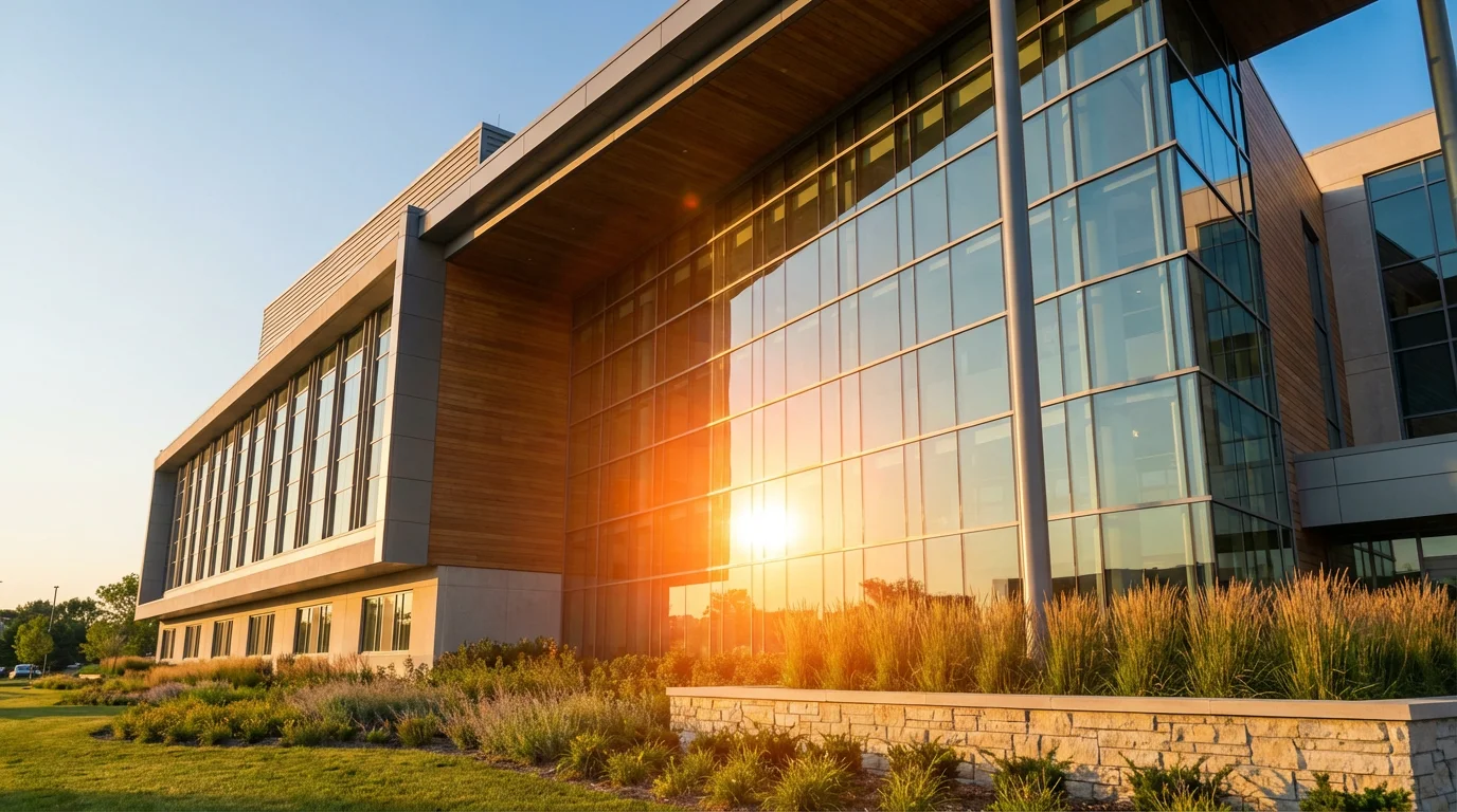 A low angle view of a modern, state-of-the-art hospital building at golden hour.