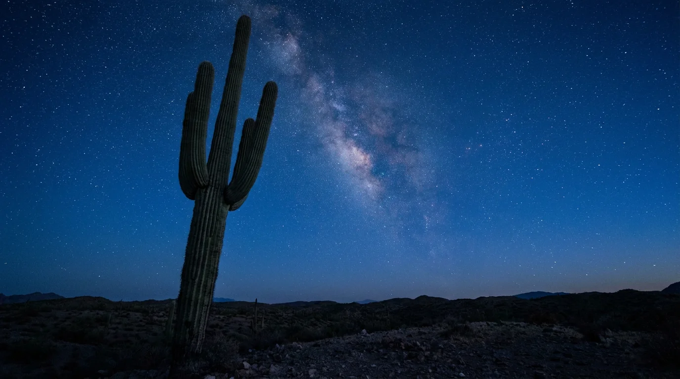 A low angle view of a saguaro cactus against a starry blue hour sky.