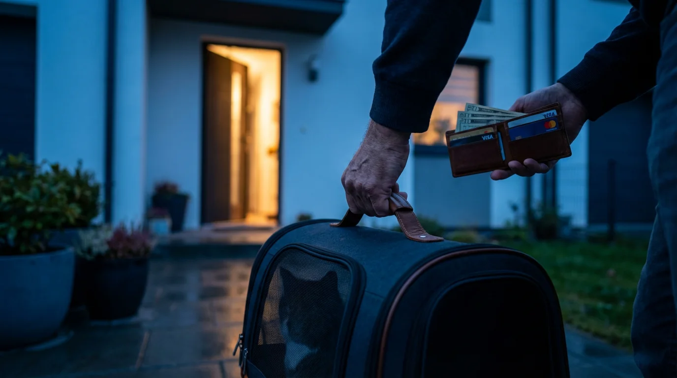 A low-angle view of hands holding a wallet and a cat carrier at a doorstep.