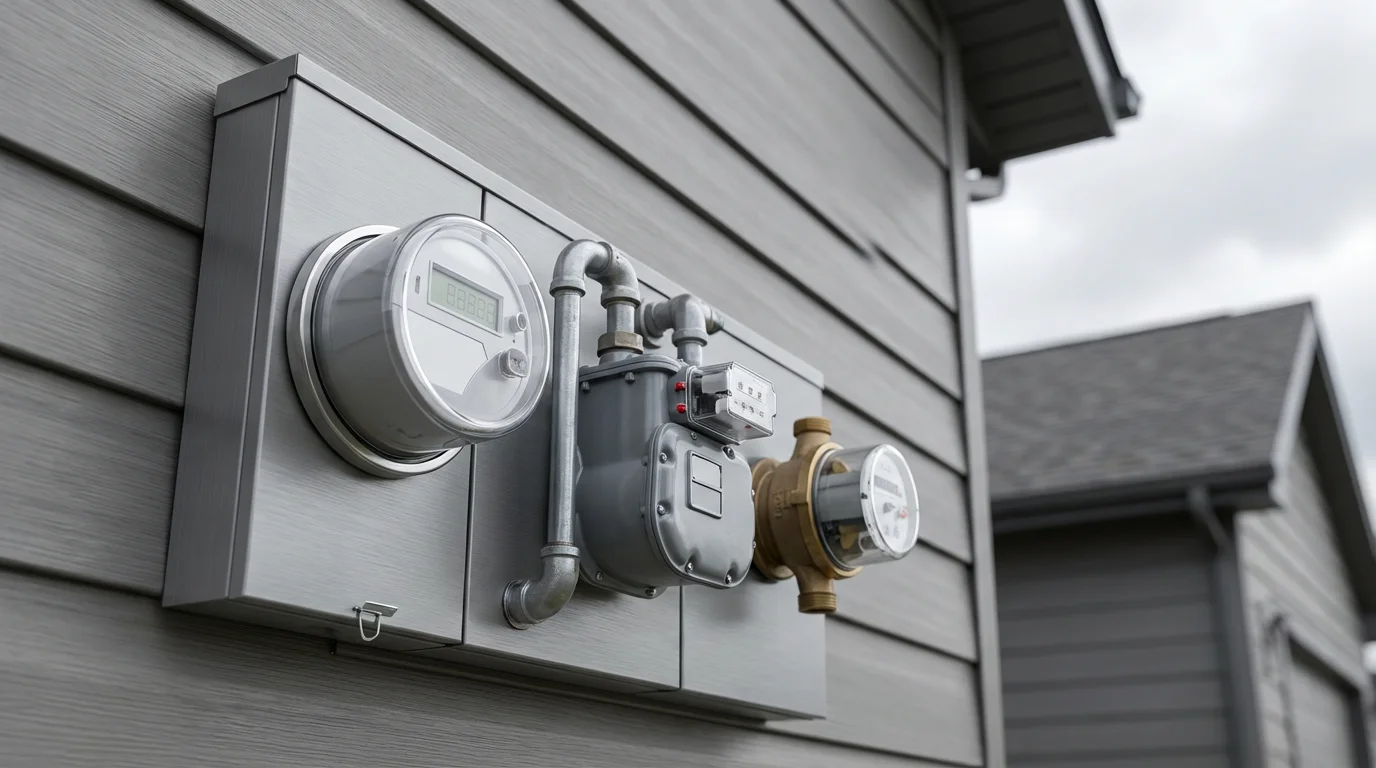 A low angle view of modern electric, gas, and water utility meters on a house.