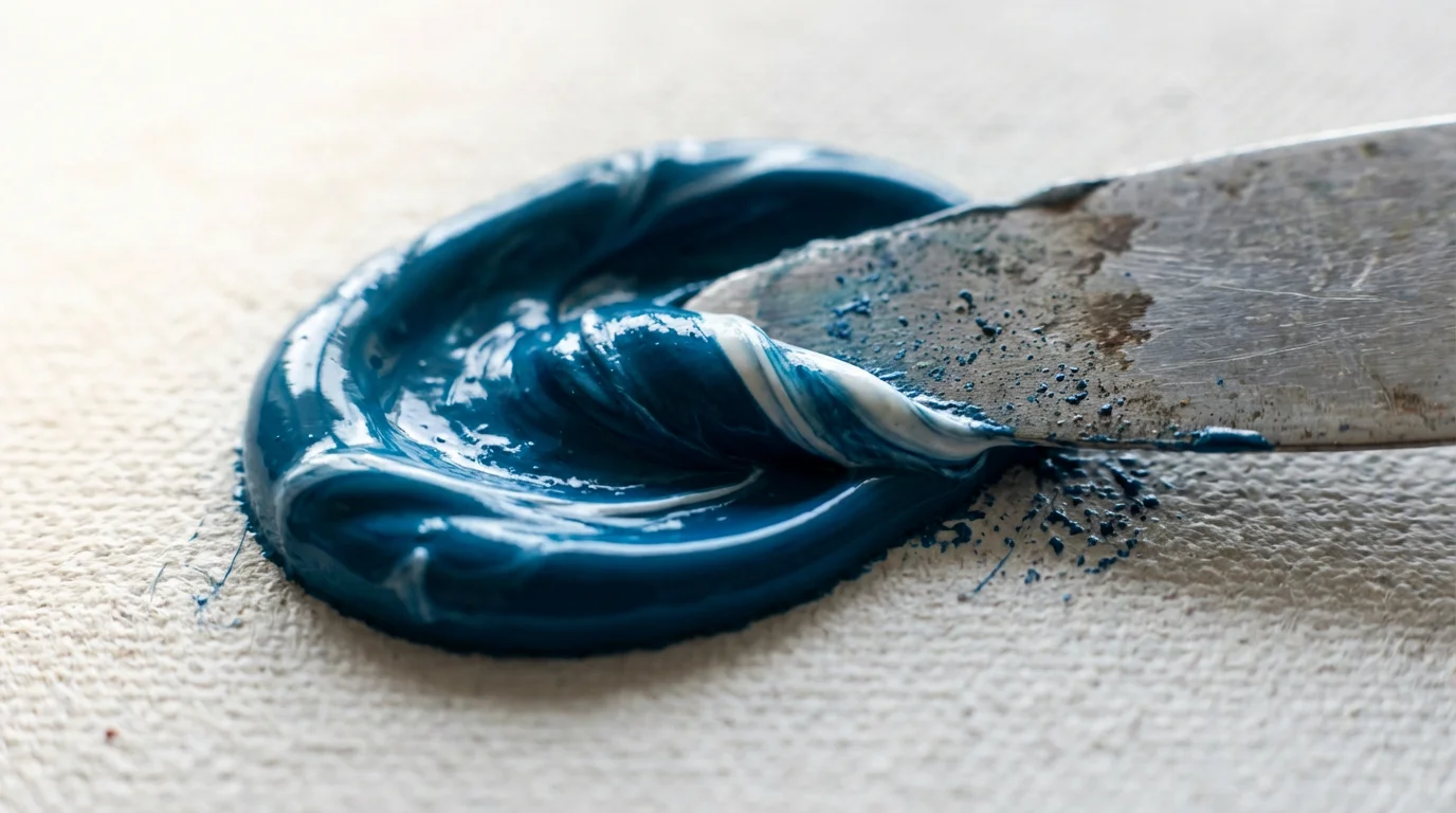 A macro photograph of a palette knife applying thick blue oil paint to a canvas.